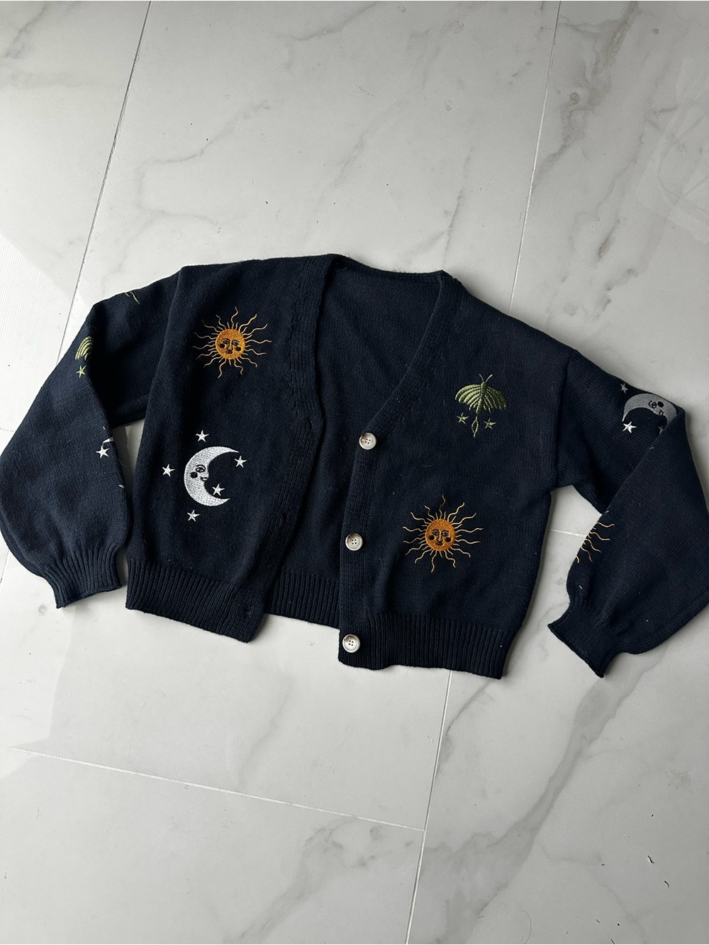 Boutique Celestial Cardigan Sun Moon Stars Cropped Sweater Medium